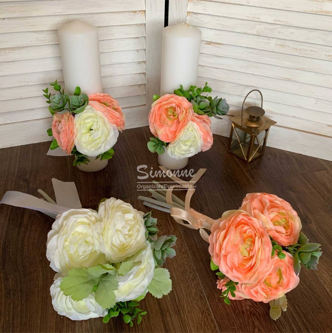 Set lumanari buchete nunta, flori artificiale