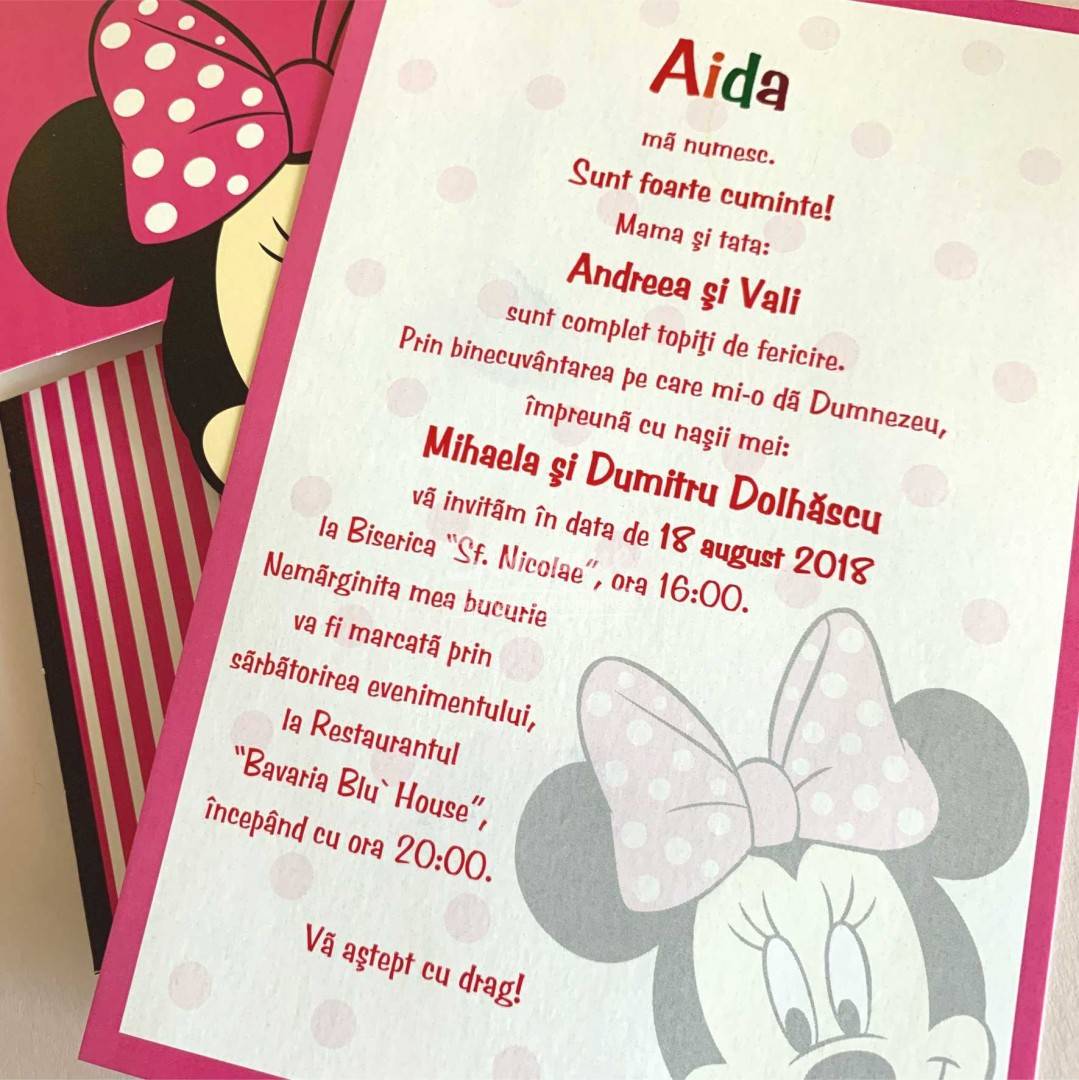Invitatie botez fetita Minnie Mouse roz